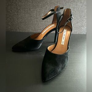 Black Suede Pointed-Toe Ankle-Strap Heels